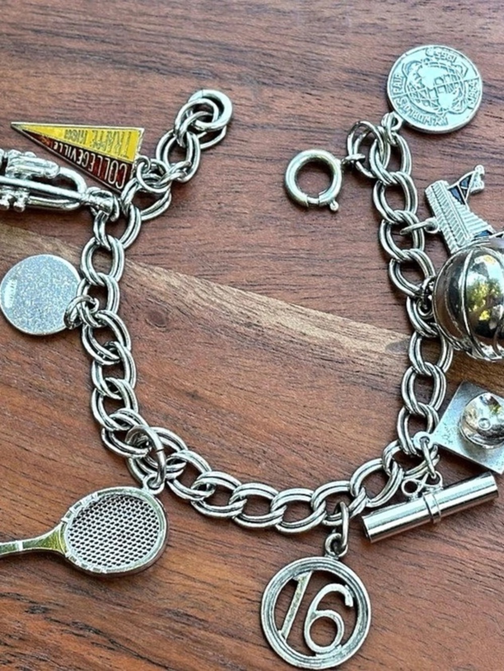 Vintage Sterling Silver Charm Bracelet 7” College Sports School Charms